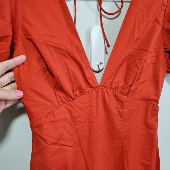 ABERCROMBIE & FITCH NWT Puff Sleeve Slim Poplin Midi Dress V-Neck Red Women's XS - Picture 3 of 16